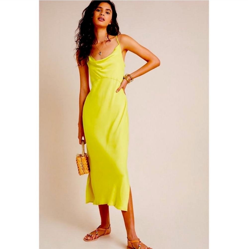 Anthropologie Elyse Chartreuse Silky Slip Midi Dress - Picture 1 of 6